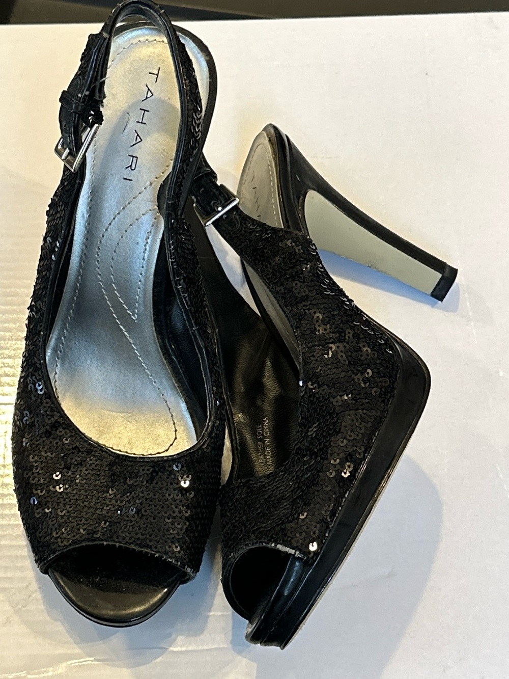 Black Sequin Peep-Toe Slingback Heels - Tahari - 6.5 6 1/2